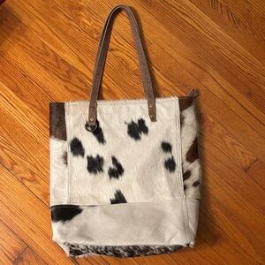 Myra Cowhide Tote Bag - Brown and White